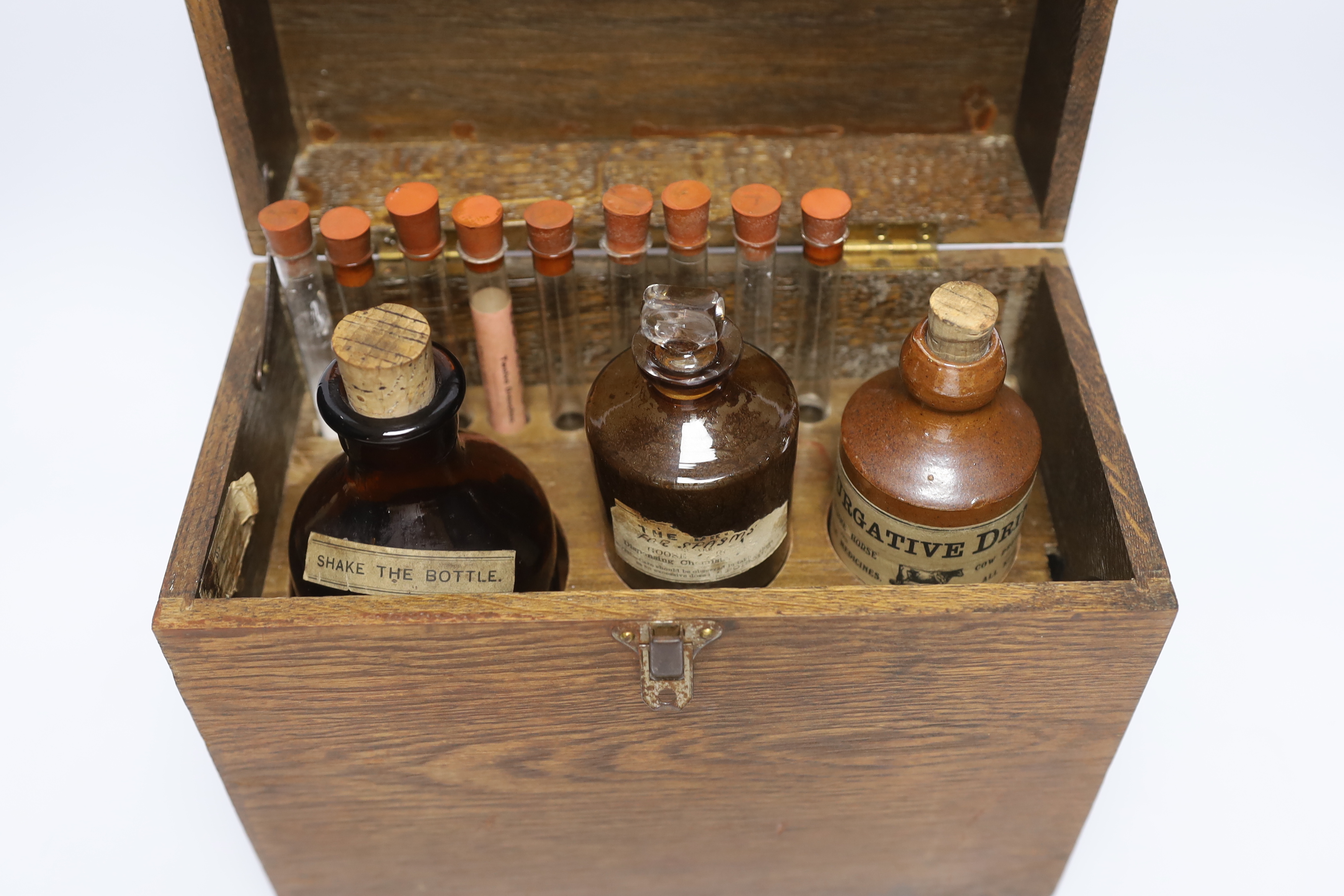 A vintage travelling vet's box with two glass bottles and a stoneware bottle, Alfred Parker label to the interior, 24cm high
